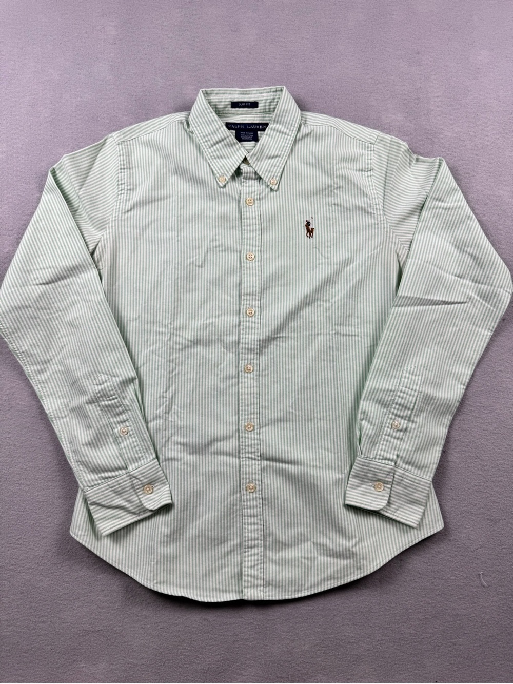 Ralph Lauren Shirt Womens 6 Slim Fit White Green Stripe Button Front Preppy